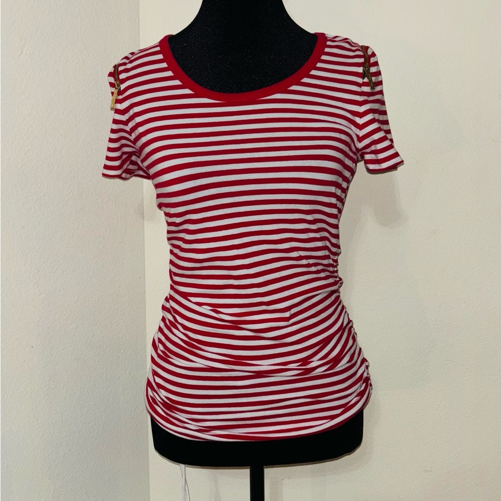 Michael Kors Red and White Striped Short Sleeve Top